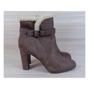 Impo Brown Faux Suede High Heel Booties Side Zip Shearling Collar Womens Size 10